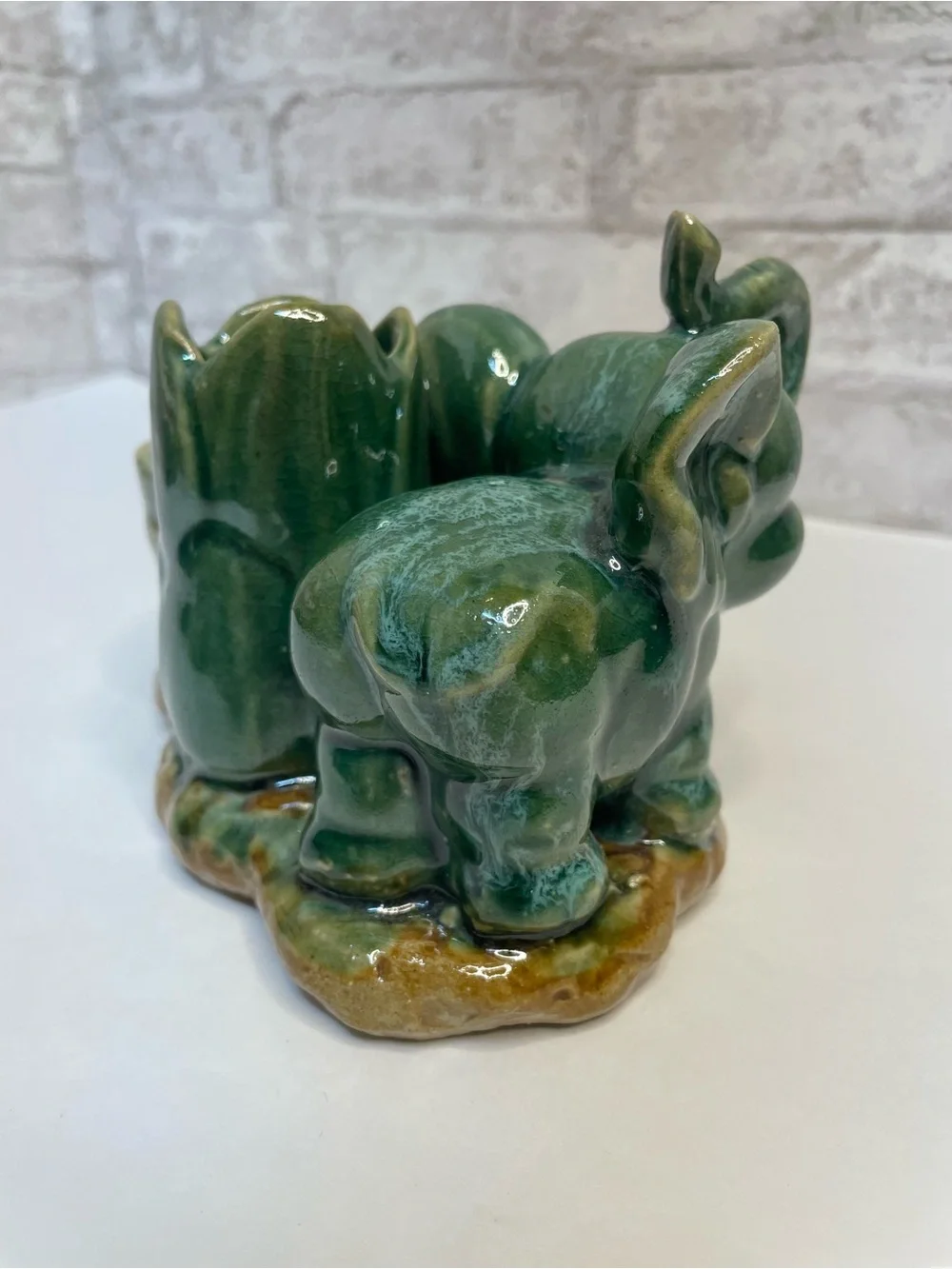 Vintage Majolica Lucky Elephant Double Planter Trunks Up Ceramic Rare HTF 6”